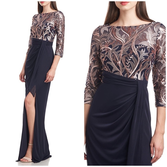 NWT JS Collections Carrie Bateau Gown Navy Blue Embroidered Sequin Sz 10 - Picture 2 of 12